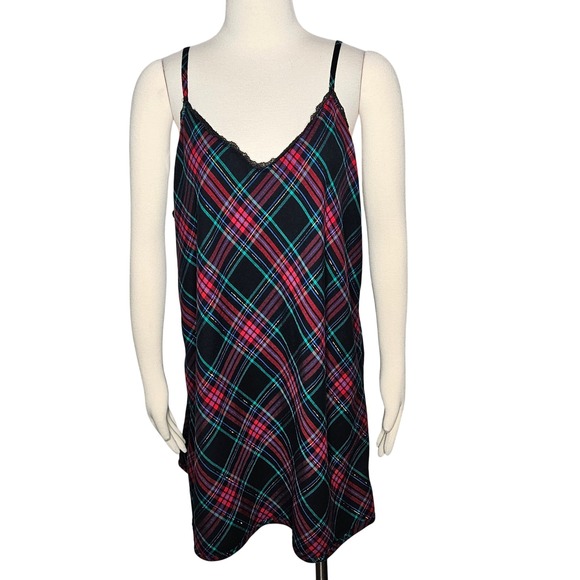 Victoria's Secret Other - Victorias Secret Plaid Lace Trim Slip Dress XXL Red Green Gold Metallic Chemise